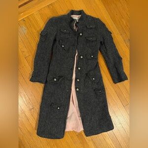 Moschino Dark Charcoal Military-Style Wool Trench Coat with Pink Lining